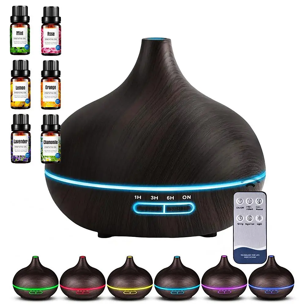 500ML Wood Grain Aroma Diffuser with 6 Essential Oil, 1 Count USB Powered Ultrasonic Air Humidifier with Remote Control, Large Capacity Humidifier for
