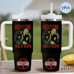 PIKPAKA Motley Crue Band Music Vacuum Flasks 40oz Stainless Steel Tumbler with Handle & Straw, Vacuum Insulated Travel Mug Keeps Drinks Cold Up to 12 Hours, Leak-Resistant Cup for Iced Coffee, Water, Office, Gym or Travel