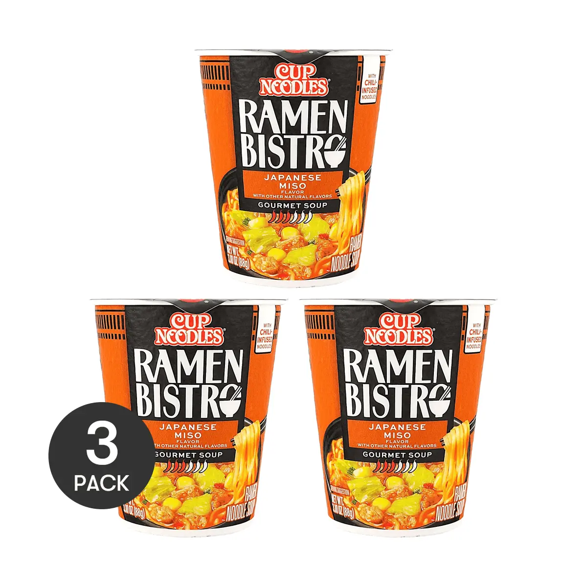NISSIN Ramen Bistro Japanese Miso Flavor Cup Noodles 3 Pack - Rich Miso Broth, 88g Each - Authentic Japanese Instant Ramen for Quick Meals