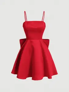 Wine Red Cami Dress Backless Bow Mini Dress for Women Spaghetti Strap Flared Hem High Waist Slim Fit Hidden Zipper Elegant Graduation Outfit