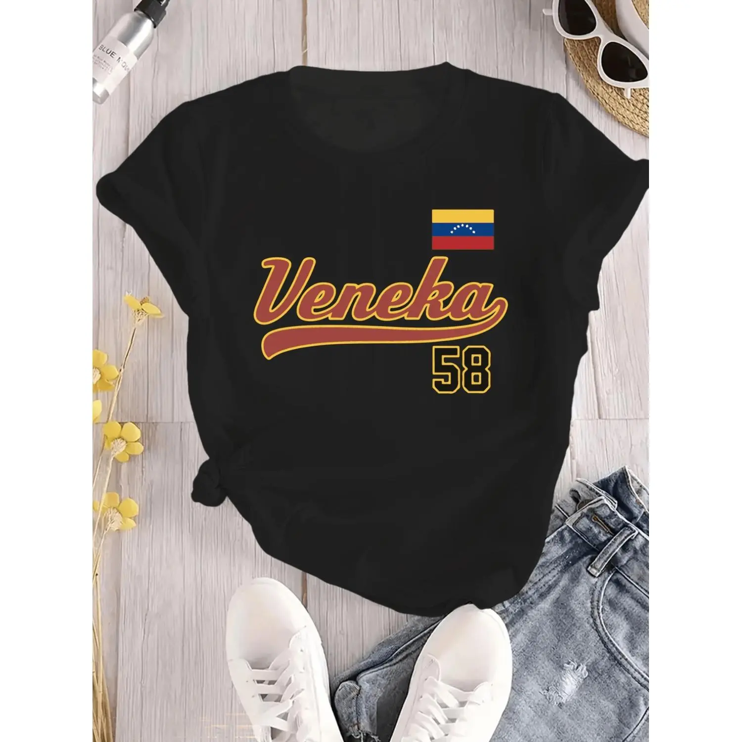 Venezuela Flag Cotton T-shirt Crew Neck Summer Casual Short Sleeve Loose Fit Women's Top Perfect for Beach Daily Leisure Comfortable Lightweight
