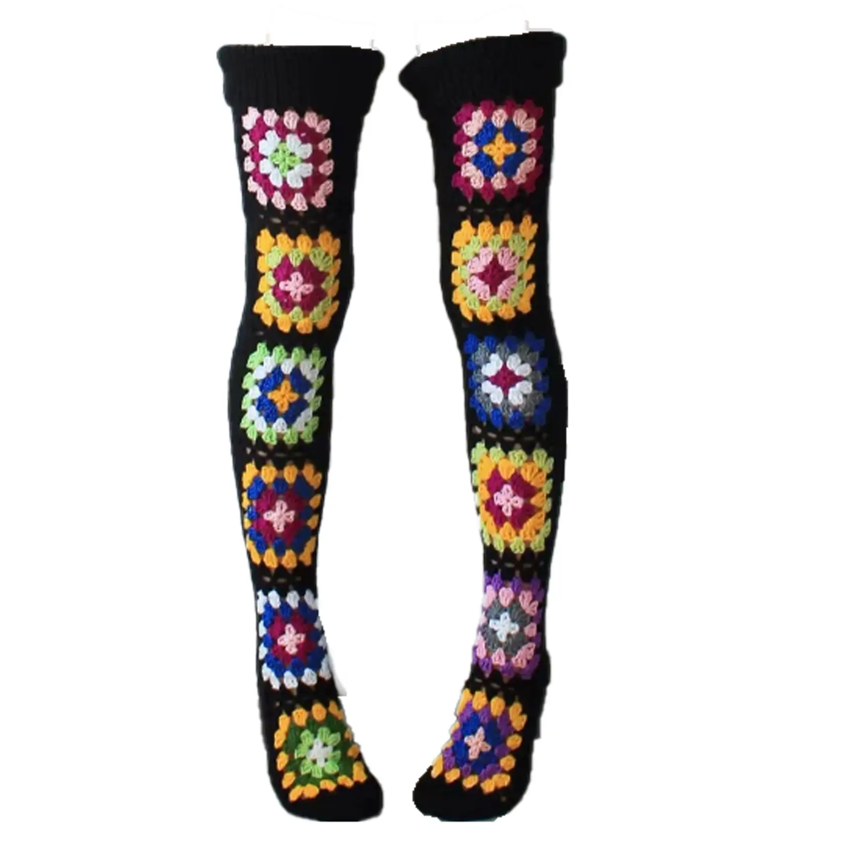 Fashion Culture Women's Bohemian Granny Square Crochet Knitted Socks - Black Multi, Stretchy Fit, Flexible, Soft, Breathable, Winter Warm Leg Essential, Vintage Retro Style, Ideal for Shorts, Skirts