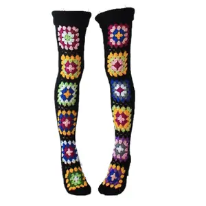 Fashion Culture Women's Granny Square Bohemian Crochet Knitted Stockings - Black Multi, Stretchy, Flexible Fit, Soft, Breathable, Comfortable, Warmer Leg Essential for Winter, Vintage Retro Vibes, Ideal for Shorts, Skirts