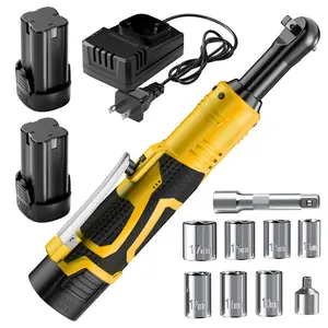 Yellow cordless electric ratchet wrench set, 2 lithium batteries + 1 charger, ergonomic grip, speed control, interchangeable heads suitable for various occasions such as car repairs, home DIY, car maintenance, etc