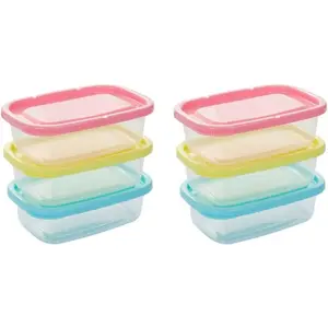 Six rectangular plastic food containers, popular food preservation boxes, equipped with colorful lids, can be used as lunch boxes and are suitable for storing fruits and food.