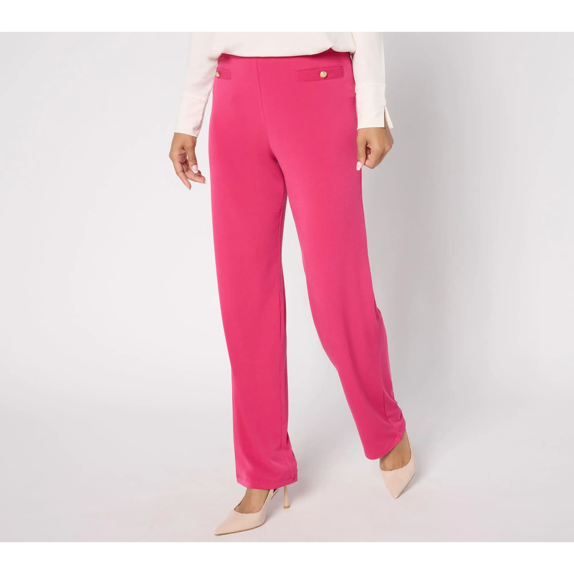 Susan Graver Regular Liquid Knit Straight Leg Pants with Button Detail