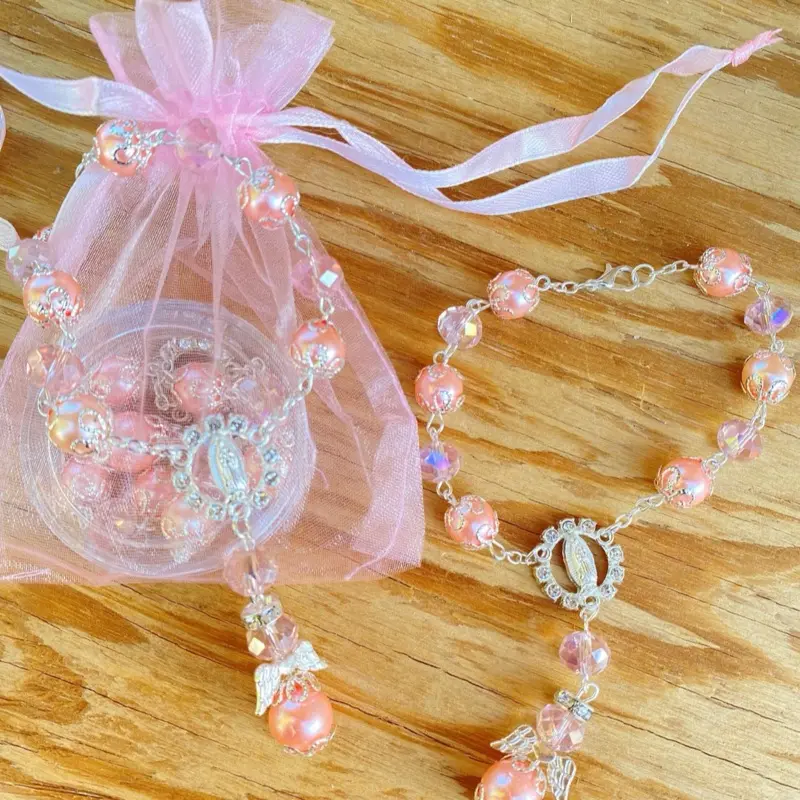 12pcs Religious Beaded Stretch Charm Bracelets Sets - Baptism Party Favors with Free Bags, First Communion Religious Jewelry Gift