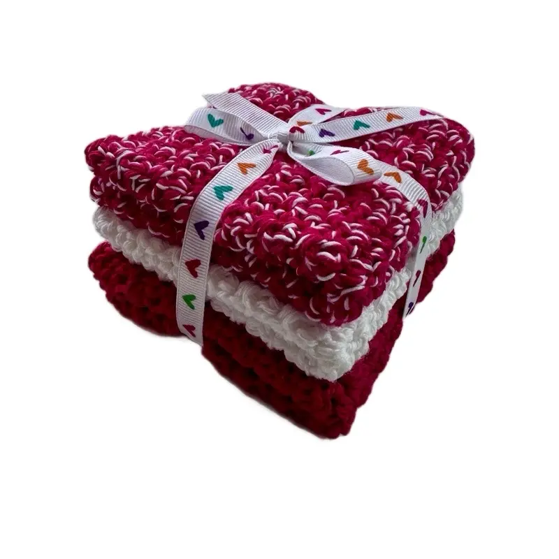 Unisex Handmade Crochet Cotton Bath & Face Towel Set - 3 Colors, 2 Textured Face Scrubbies, Adult Farmhouse Bathroom Accessories, Water-Absorbent, Reusable, Ideal for Daily Home Use
