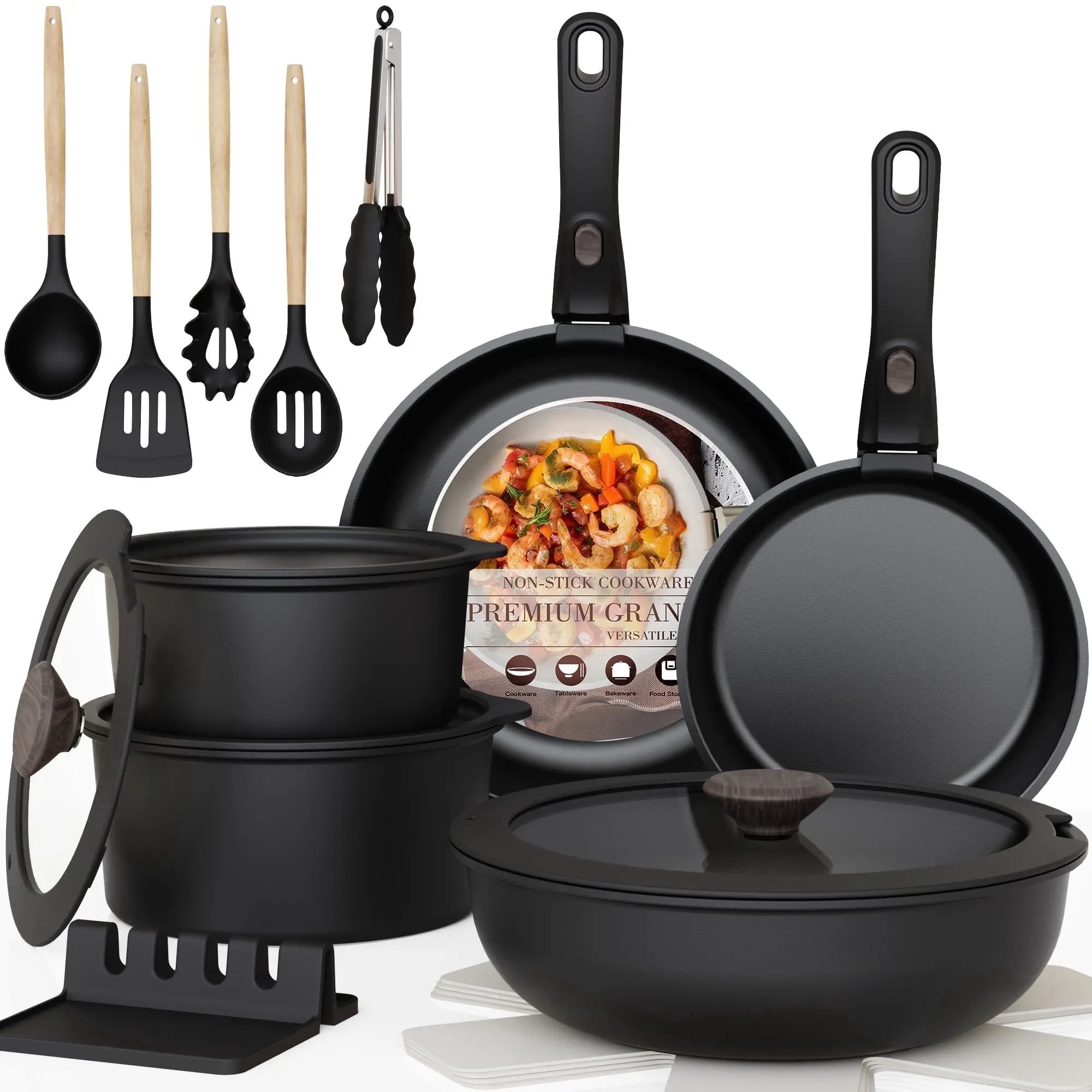 Astercook 20-Piece Pots and Pans Set, Nonstick Cookware Set with Detachable Handles, Oven & Dishwasher Safe, Induction Compatible, Stackable RV Kitchen Cooking Set, Black