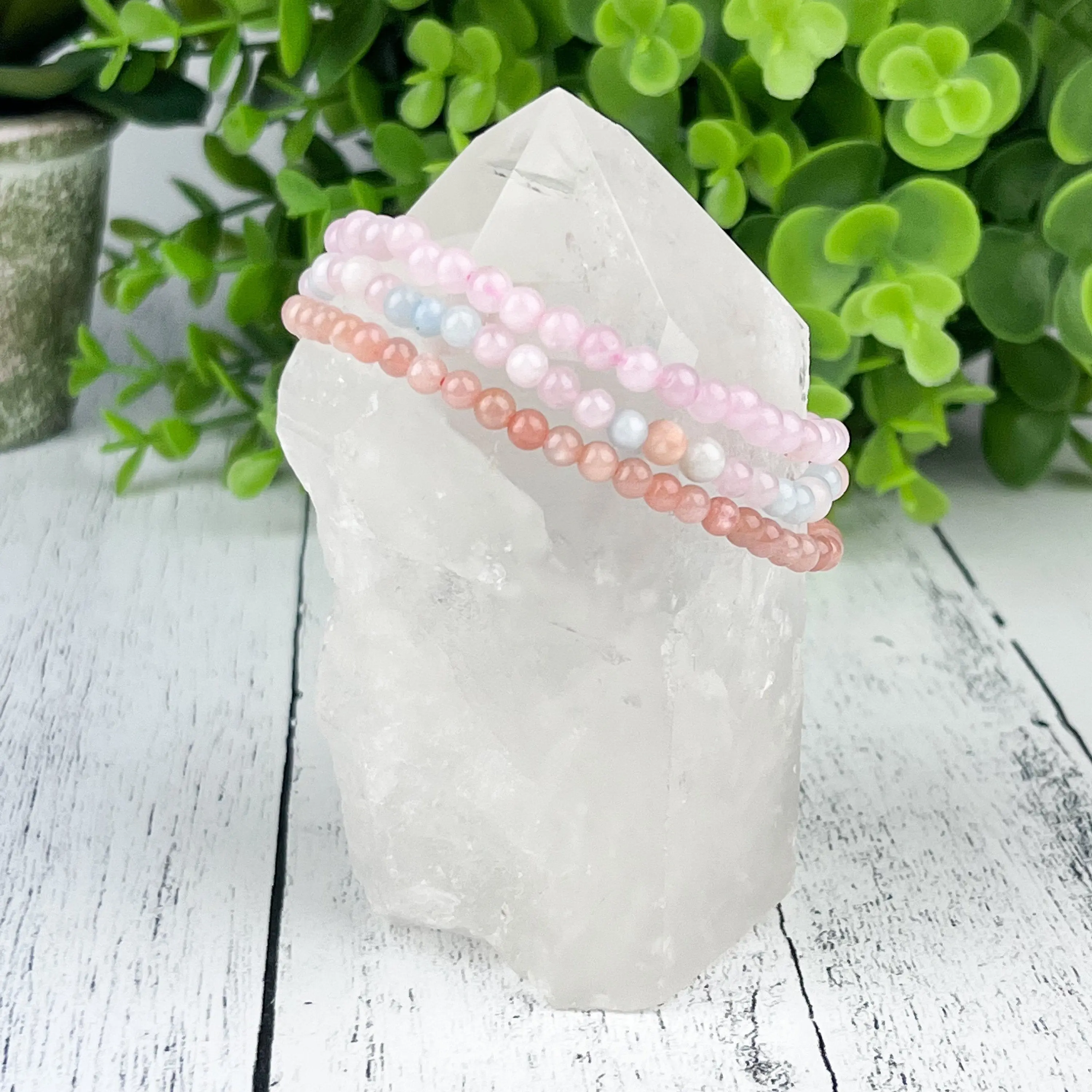 Natural Self Love Stacking Bracelets • Rose Quartz, Morganite & Peach Moonstone • 4mm Beads • Feminine Energy Crystal Jewelry Intention Stone Bead Bracelet Crystal Bracelet