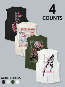 4PCS Men’s Japanese Sakura Samurai Print Sleeveless Tank Tops Set – 2026 Summer Streetwear Essentials, Vintage Japanese Aesthetic Designs Featuring Cherry Blossoms, Katana Swords, Yokohama Lettering & Traditional Calligraphy, Lightweight Breathable