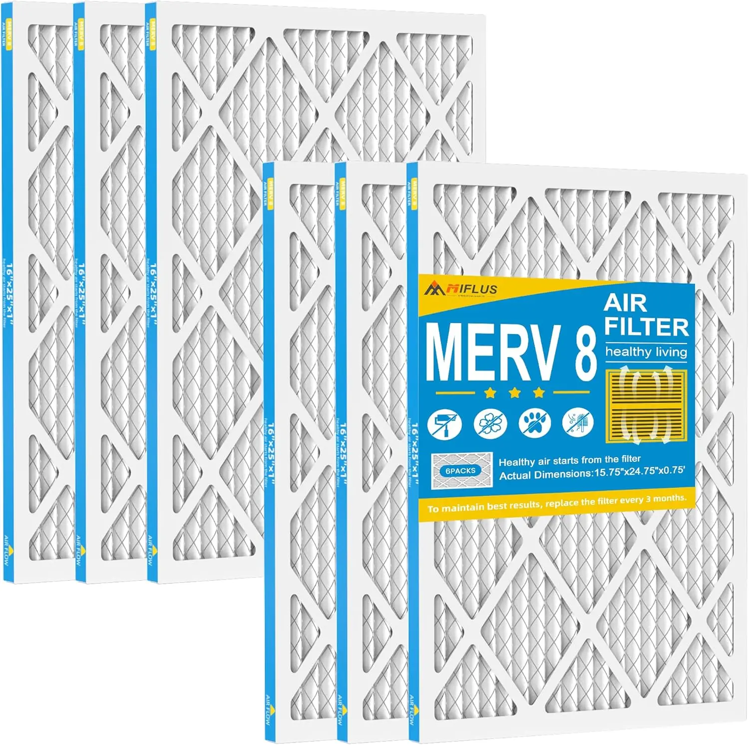 MIFLUS 16x25x1 MERV 8 Furnace Filter, 6-Pack – 11-Stage High Performance Purifier, Traps Dust/Pollen/Pet Dander, Eco-Friendly, 2x Deep Pleats, 18-Month Supply, No Tools Needed