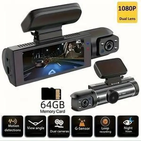 Front & Rear Dual Recording Dash Camera 1080P HD with IR Night-Vision & 64GB Memory Card for Vehicle Security