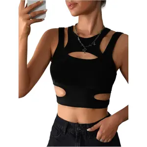 Women's Cut Out Gothic Tank Top Slim-Fitting Sleeveless Black Crop Top for Raves & Going Out Fashionable Valentine's Day Gift