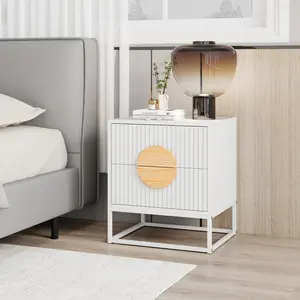 COSTWAY - Modern Mid Century Fluted Nightstand with 2 Drawers and Pine Wood Handles for Bedroom-White