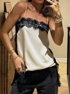 Indefeir Summer New Women's Fashionable Simple Silk Satin Lace Top, European and American Style, Elegant and Chic Clothing