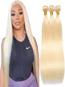 #613 Blonde Straight Human Hair Weave Bundles, 300g Untreated Virgin Hair, Double Weft No Tangle No Smell, 3 Bundles for Seamless Extensions