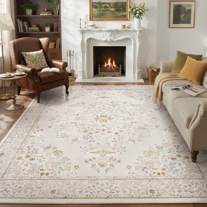 [Father's Day Gift] MontVoo Floral Decorative Area Rug, Vintage French Country Style, Washable, Non-Slip Backing, Soft Indoor Rug for Living Room, Bedroom, Dining Room & Entryway, Spring Home Decor, Summervibes
