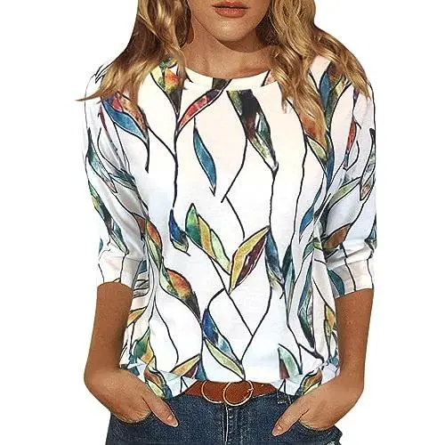 Women's Casual 3/4 Sleeve Round Neck Loose Blouse - Floral Print T-Shirt Top Comfortable Breathable Cotton Fabric Perfect for Daily Wear Shopping Leisure Fashion Style Lightweight Soft Basic Essential Clothing Women's Casual 3/4 Sleeve Round Neck Loose Blouse - Floral Print T-Shirt Top Comfortable Breathable Cotton Fabric Perfect for Daily Wear Shopping Leisure Fashion Style Lightweight Soft Basic Essential Clothing