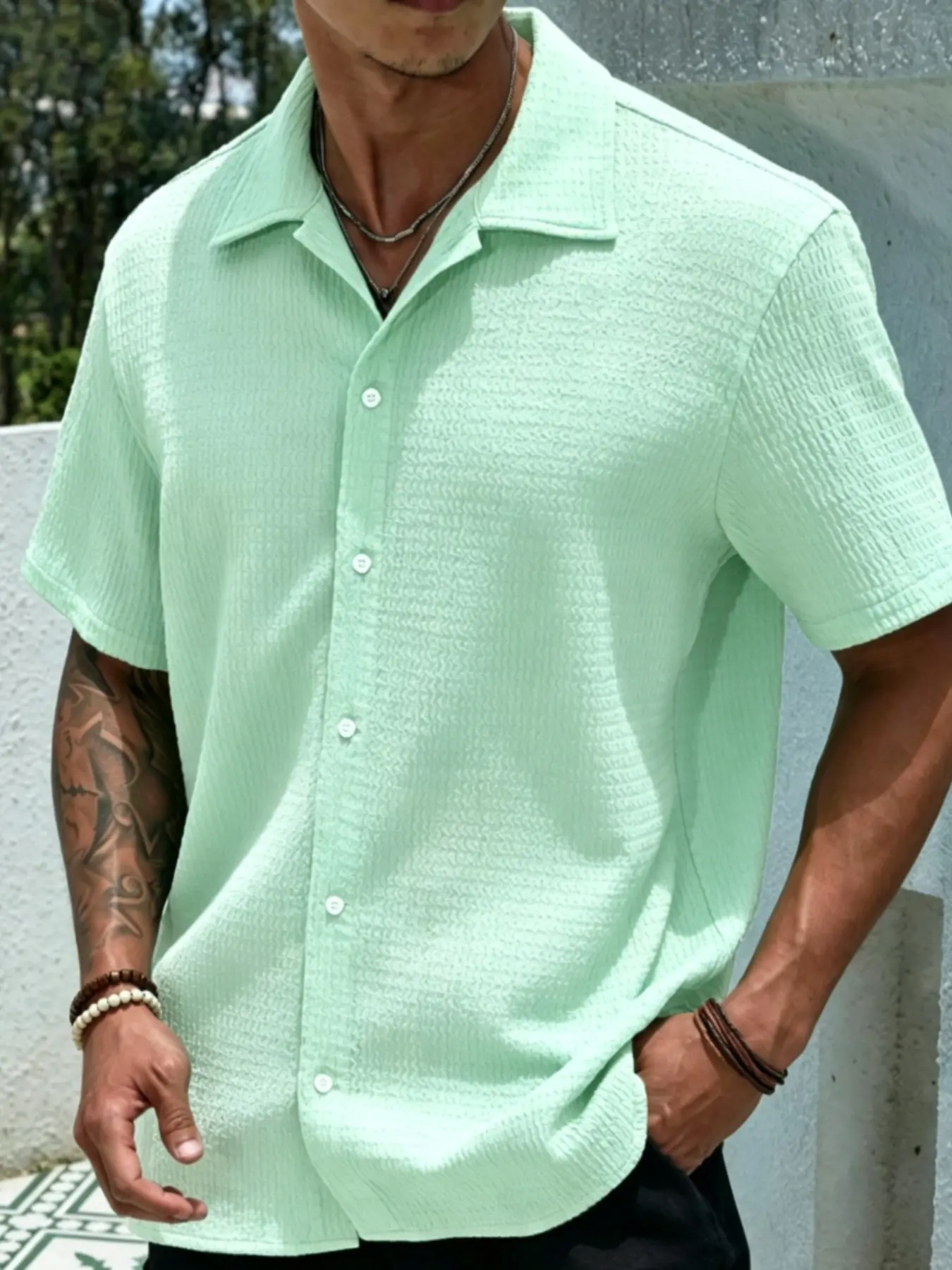 Summer Vacation Elastic Bubble Satin Cuban Collar Short Sleeve Collared Shirts Men's Casual Stylish Menswear Holiday Lightweight Loose Fit Top Shirt
