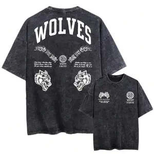 Retro Washed Wolves Graphic T-Shirt | Vintage Washed Black Streetwear Tee, Double-Sided Wolf Head Print, Casual Oversized Crewneck, Unisex Short Sleeve Shirt for Men Women