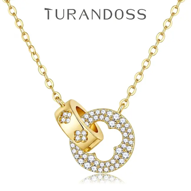 Turandoss 14K Gold Plated Lucky Clover Necklace for Women, Tarnish-Resistant Sparkling CZ Interlocking Double Circle Pendant, Clean Girl Aesthetic Jewelry Gift