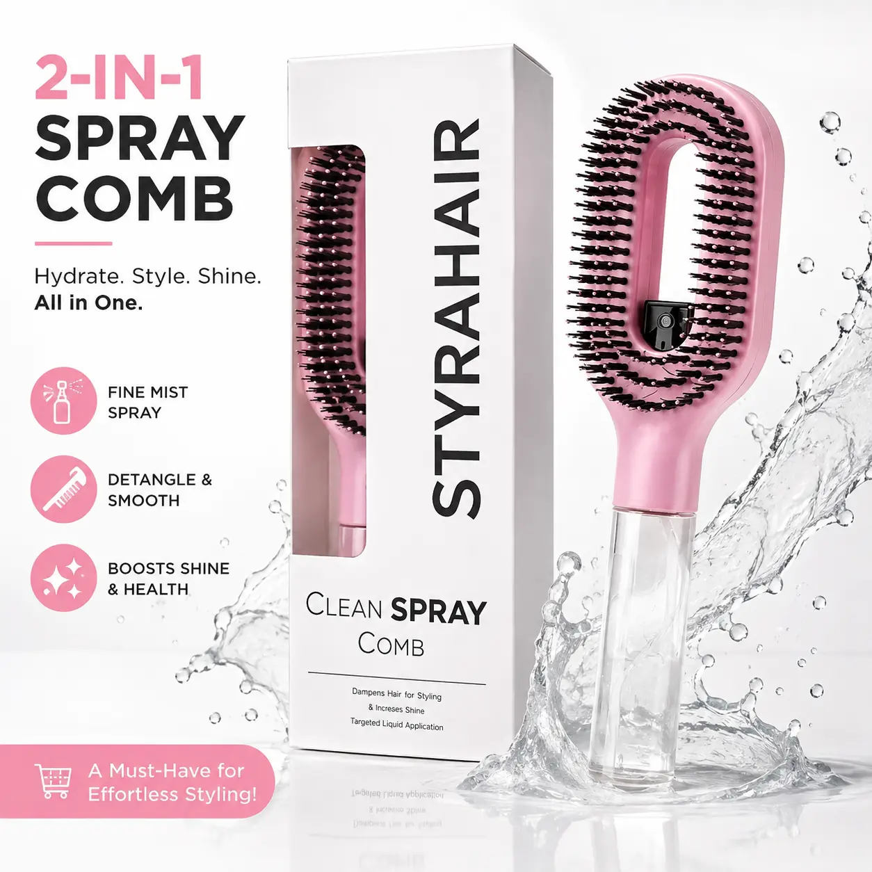 3-in-1 Spray Hair Brush with Refillable Water Tank, Dual-Layer Bristles & Scalp Massage Tips, Anti-Frizz Detangling Brush for Curly, Thick Hair to Painlessly Smooth Stubborn Knots
