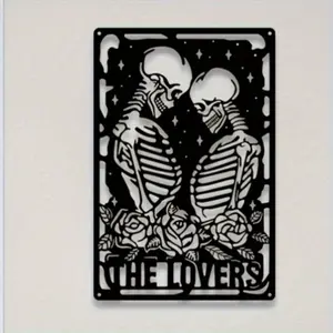 Gothic Halloween Metal Wall Art Laser Cut Skull Couple Skeleton Design Decor Wall decoration for Home Bedroom Living Room Bar Gothic Romantic Gift