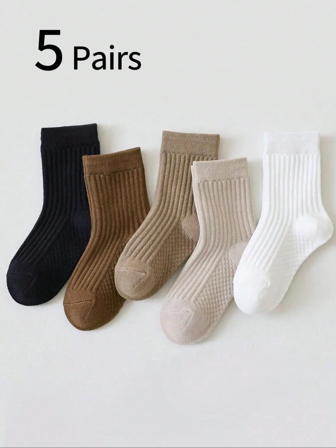 5 Pairs Girls' Crew Socks, Plain Fitted Casual Style, Spring Autumn Melanin Socks, Korean Simple Student Socks, Ages 1-12