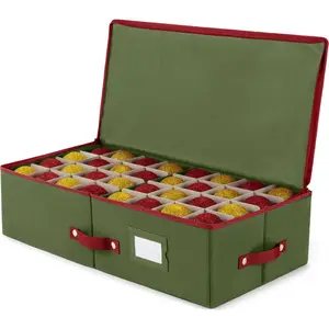 ZOBER Underbed Christmas Ornament Storage Box Stores 64 3" Ornaments, With Dividers Tear Proof 600D Oxford Fabric, Ornament Organizer Storage Box, Durable Christmas Containers Holder Green