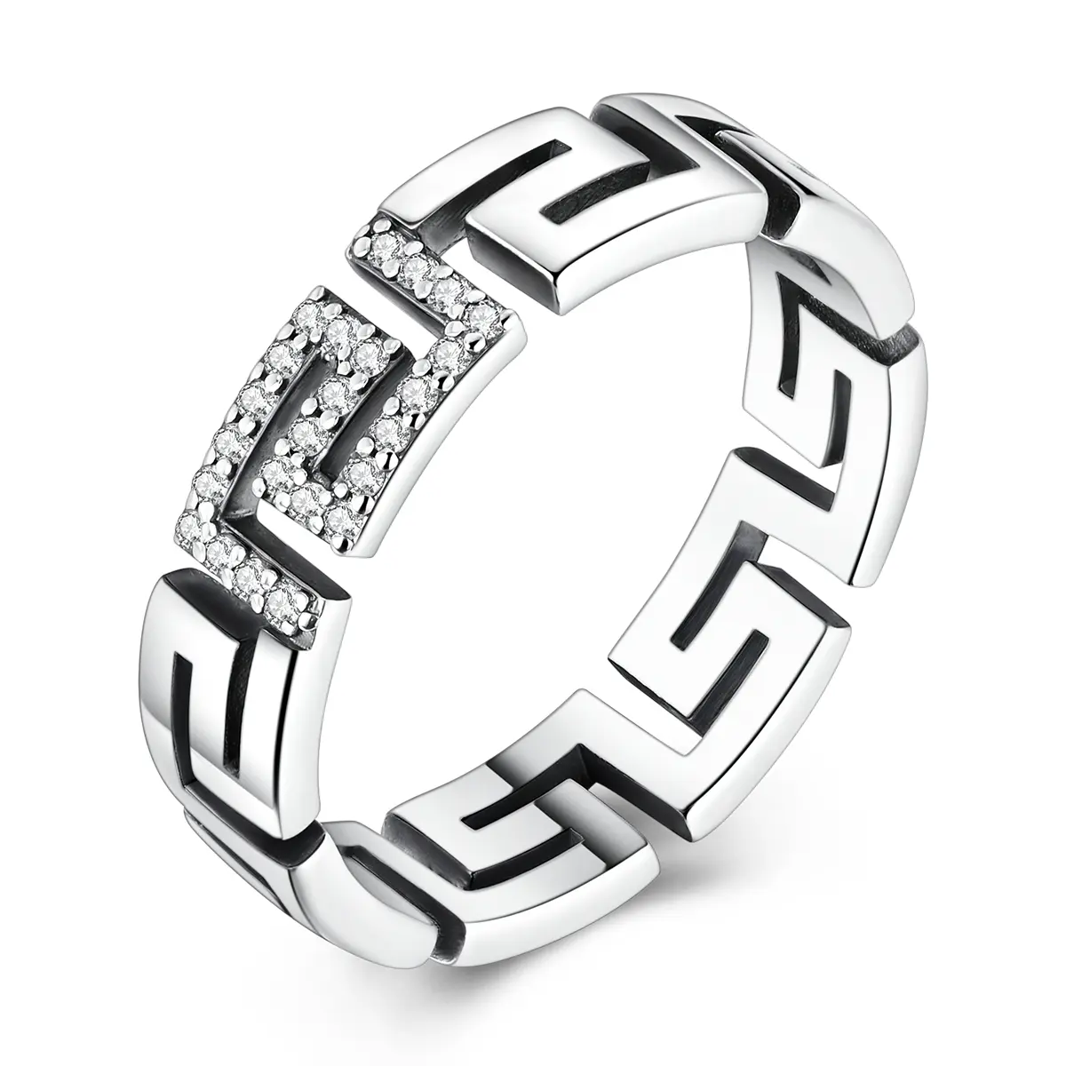 MULA Women's 925 Silver-Plated Greek Key Crystal Ring - Cubic Zirconia, Luxury, Durable Stones, Gem-Laden Geometric Symbol Jewelry for Birthday, Valentine's Day Gifts, Crystal Rings, Cubic Zirconia Rings