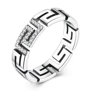MULA Women's Greek Key Ring, 925 Silver-plated Geometric Symbol Ring with Sparkling Cubic Zirconia, Elegant and Personalized Birthday, Graduation, Christmas or Valentine's Day Jewelry Gift, Sparkling Cz