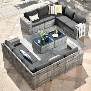 POUUIN 12 Piece Modular Patio Outdoor Sectional Furniture Sofa Set, Wicker Conversation Set, Out Door Couch Set with Wide Arm for Outside All Weather