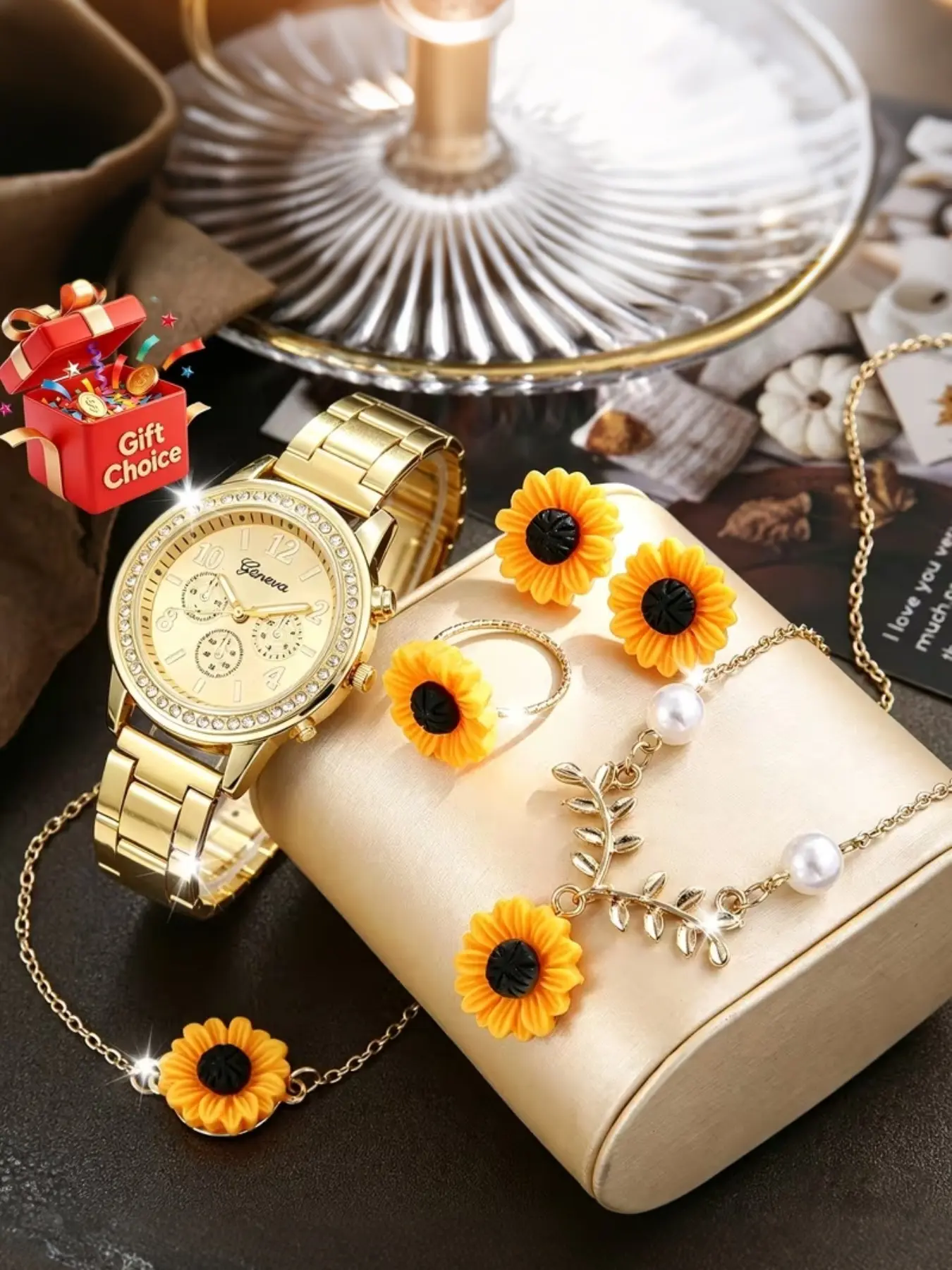 6pcs Fashion Women's Watch Jewelry Set, Rhinestone Round Dial Quartz Watch, Necklace Ring Earrings, Elegant Daily Wear Accessories