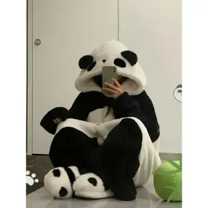 Hooded Panda Pajama Women's Autumn and Winter Coral Velvet, Robe Thickened with Velvet Home Clothes Hit  Dress Pants  Fabric Loungewear