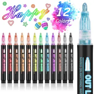 Contour Markers Automatic Metal Highlighter Pen Set, Dual Line Contour Pens, Glitter Bright Chalk Kit for Christmas Cards, Kids Drawing, DIY Art, Dual Tip Highlighters