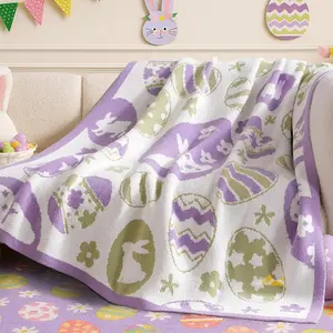 Amélie Home Easter Bunny and Eggs Chenille Knit Throw Blanket for Couch, Cozy Soft Spring Themed Blankets for Sofa, Bed, Gift, 50"x60", Purple/Green