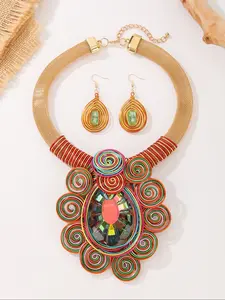 Bohemian Style Large Water Drop Crystal Aluminum Wire Twisted Pendant Necklace Earrings Set, Party Fashion Jewelry Accessories