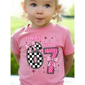 I Was 6 Now I Am 7 Girls T-Shirt, Pink Bow Leopard Print Kids Graphic Tee, Youth Girls 7th Birthday Outfit, Checkered Aesthetic Toddler Shirt, Breathable Soft Cute Kids Fashion Top for Birthday Party, Photo Shoot & Daily Wear, Girls Birthday Gift Tee