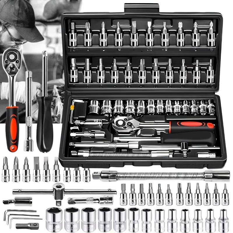 46-piece heavy-duty 1/4-inch quick-release ratchet socket wrench set, including screwdriver components and extension rod - comes with ratchet storage box - sturdy and durable, suitable for professional technicians and - compatible with vehicles
