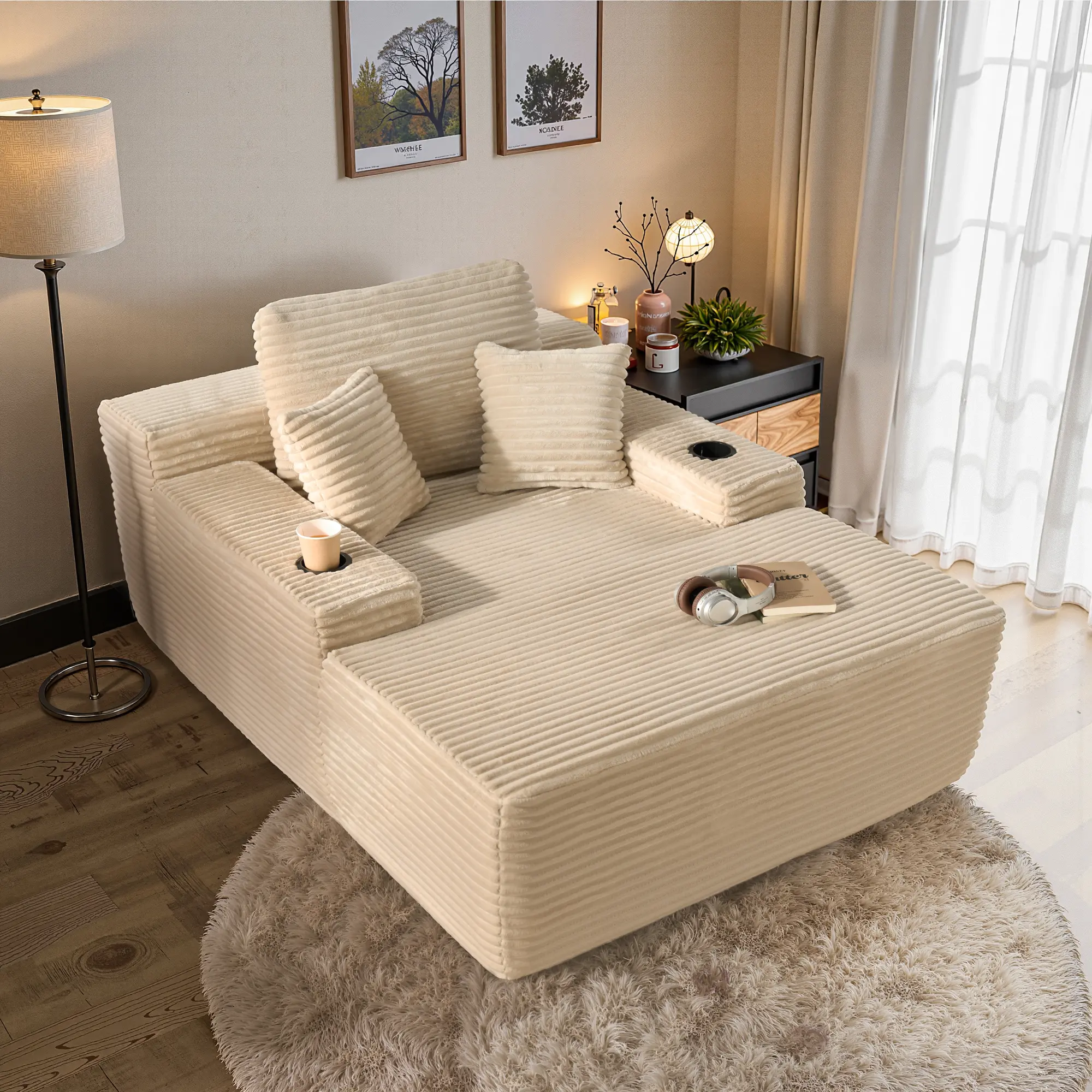 Beige Plush Corduroy With Cup Holder