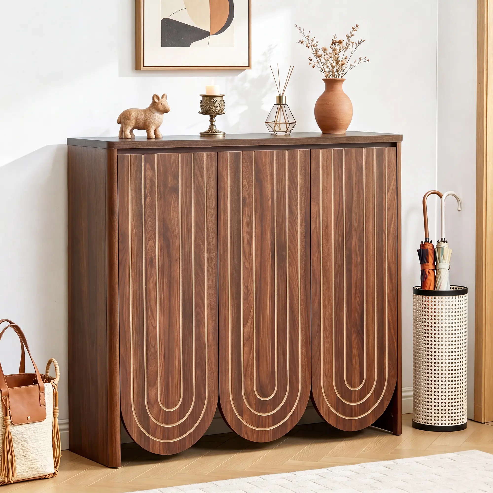 Giratree 47" Large Shoe Cabinet for Entryway, Shoe Storage Cabinet with Adjustable Shelves, Mid-Century Modern Wooden Shoe Organizer with 3 Arched Doors, Extra Deep Shoe Rack for Sneakers & Boots