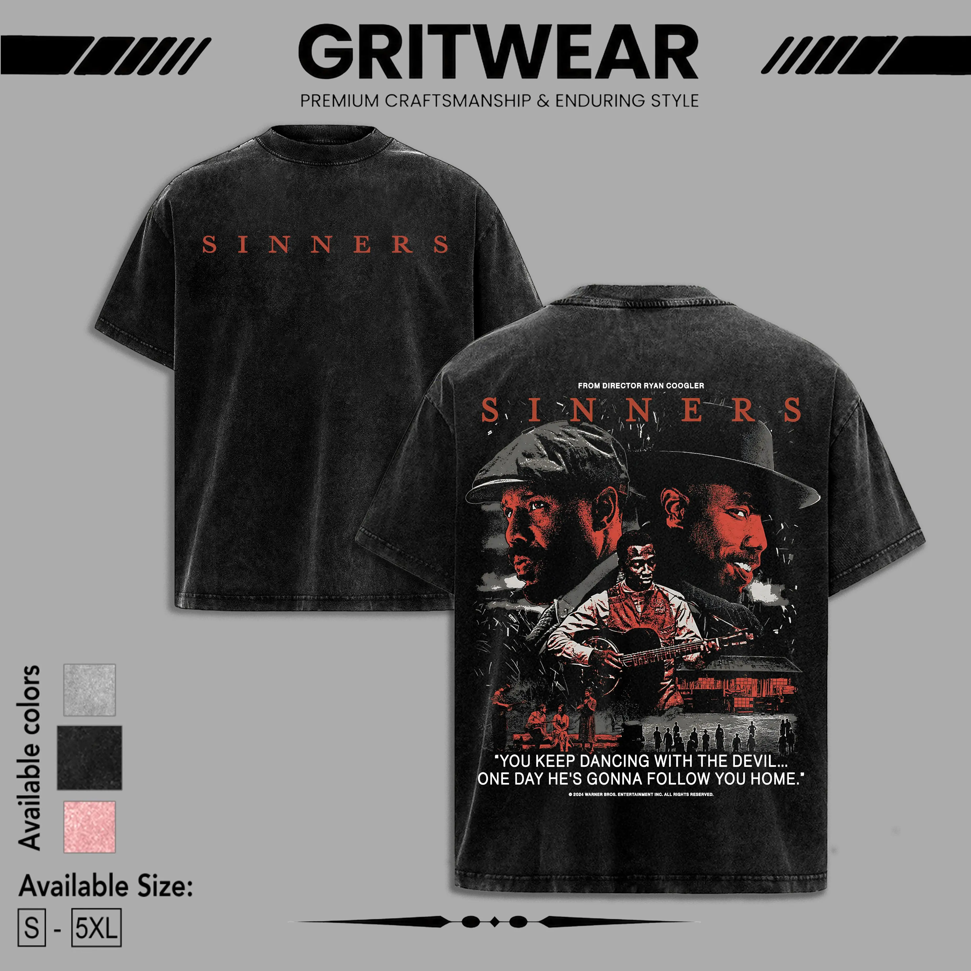 Sinners movie acid wash 2 Sided cotton Tshirt unisex neck graphic t-shirts horror movie Menswear Streetwear 90s graphic tees