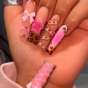 Animal Print 3D with Pink Bow Square Press On Nails - Stylish Design Featuring Leopard Patterns & Gold Accents