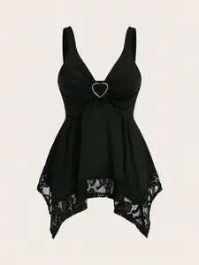 ADD2FIT x Olithes Women Contrast Lace Decorated Heart Shaped And Floral Splicing Tank Top Y2K