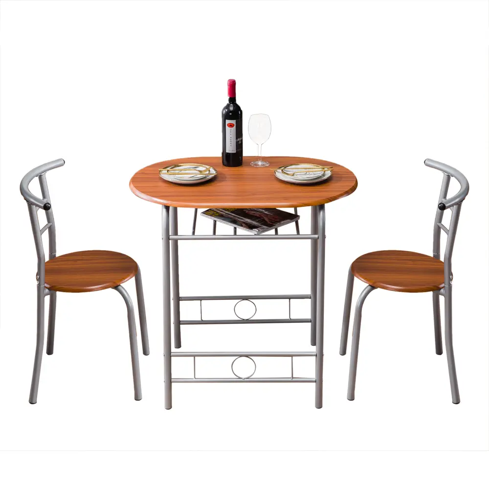 Brown Wood Grain PVC Oval Breakfast Dining Table Set With 2 Round Seat Chairs, 3 Piece Compact Kitchen Dining Furniture With Lower Storage Rack For Small Apartment Kitchen Nook