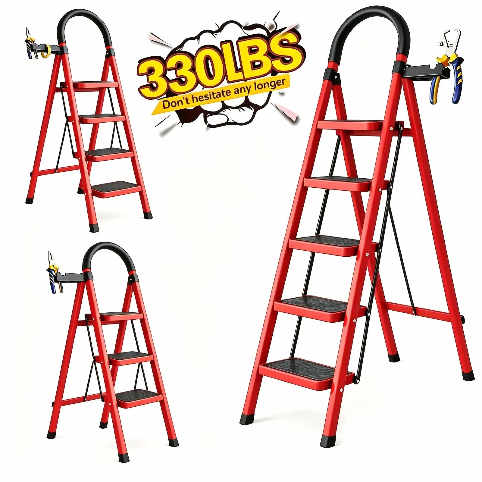 [Durable Folding Ladder] 330 Lbs Capacity, Durable, Lightweight 2/3/4/5-Step Portable Folding Ladder | Heavy-Duty, Anti-Slip Pedals, Portable Multi-functional Ladder for Home And Kitchen Use, Robust Handrails