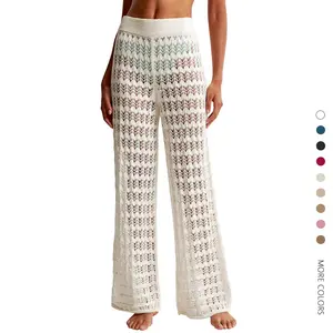 Women's Minimalist Basic Crochet High-Waisted Sheer Mesh Pants Cover-Up - Sexy Casual Knit Bottoms for Summer Swimsuit Beach Wear, Crochet Pants