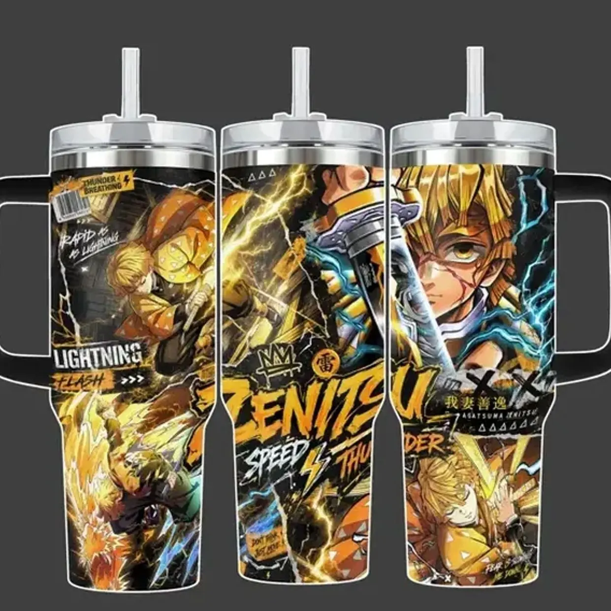 [Anime Thunder Style] Zenitsu Inspired Tumbler 40oz, Yellow Lightning Thunder Artwork Stainless Steel Insulated Travel Cup, Anime Fan Drinkware Gift For Demon Slayer Lovers