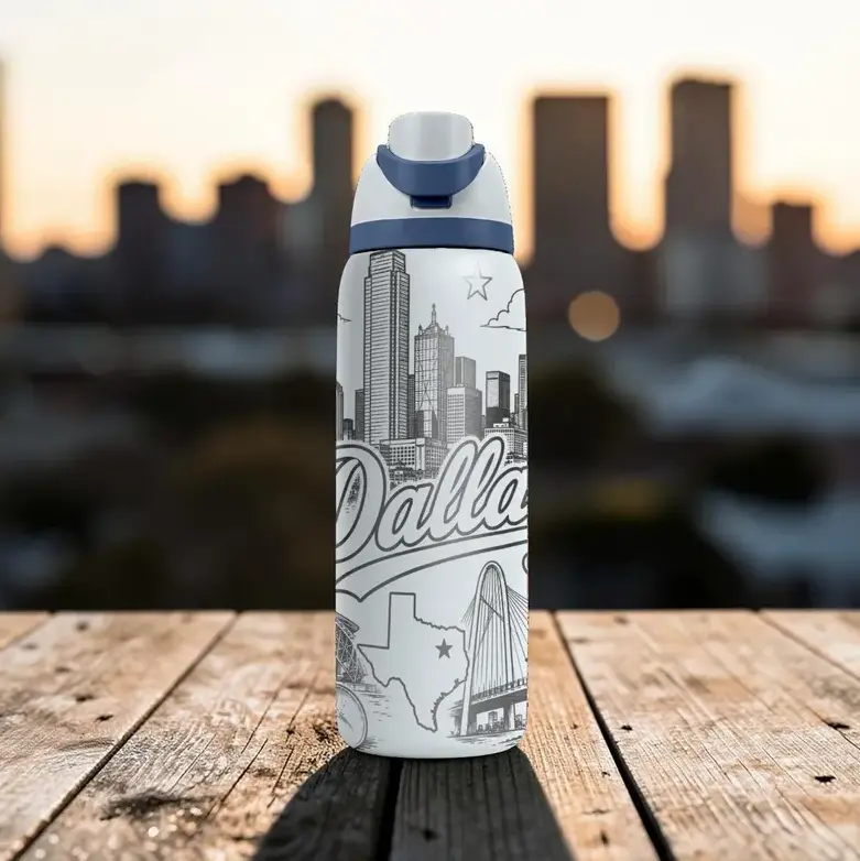 Owala FreeSip 32oz Skyline Engraved Water Bottle | Texas City Landscape Laser Engraved Stainless Steel Travel Bottle | Vacuum Insulated Drinkware with Straw Lid
